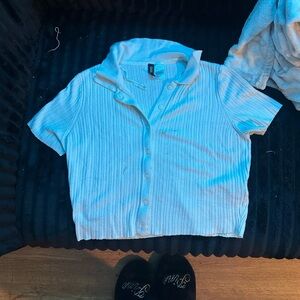 Light Blue Ribbed Button-Up Cropped Polo Top